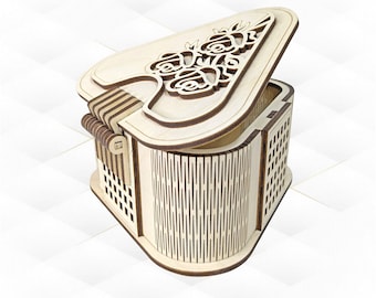 Gift jewelry box with lid, triangular heart pattern, ready use laser cutting design. Laser cut template, model cut.