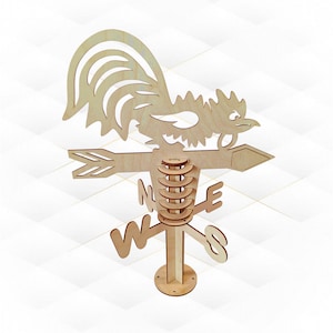 May include: A wooden weather vane featuring a rooster design. The vane includes an arrow, directional indicators (N, E, W, S), and a circular base. The rooster has a detailed comb and tail feathers. The vane is made of light-colored wood.