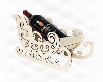 Scatola regalo per vino con slitta natalizia, design tagliato al laser, modello SVG DXF, modello portabottiglie