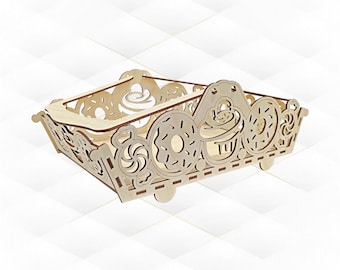 May include: A wooden tray with a cutout design of donuts and cupcakes. The tray is light brown and has a rustic look.