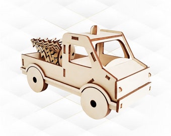 Christmas truck with tree, laser cutting design. Cut pattern.