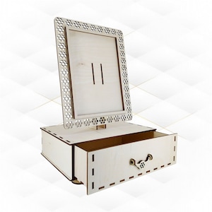 Photo frame with storage box, table decor, cut model. Design laser cutting, laser cut files, sliding box, box holder frame, greeting boxes.