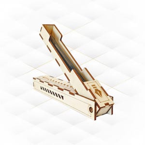 May include: A wooden pen holder with a hinged lid. The pen holder is made of light-colored wood and features a rectangular base and an angled top section. The top section has a slot to hold pens. The front of the holder has a decorative pen nib design.
