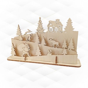 Tarjeta de Navidad, diseño cortado por láser, archivos SVG/DXF. Saludo navideño, árbol de Navidad, patrón cortado por láser. Regalo de Papá Noel, vector navideño.
