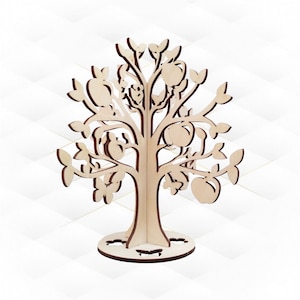 May include: A wooden tree-shaped ornament with a stand. The tree has branches with leaves and cut-out fruit shapes.