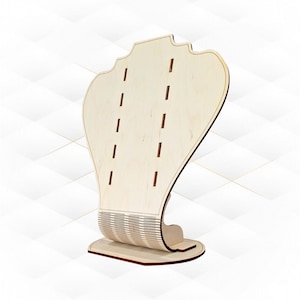 May include: Wooden necklace display stand with slots for necklaces and a base with a decorative cut-out design.
