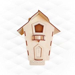 May include: A wooden birdhouse with a small balcony and a door. The birdhouse is painted in a light brown color and has a red trim.
