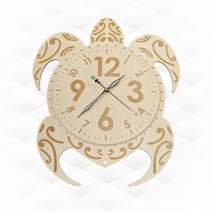 May include: Wooden turtle-shaped wall clock with a light brown finish. The clock face features large, stylized numbers and delicate hands. Decorative scrollwork accents the turtle's shell and flippers. The clock measures approximately 18 inches in diameter.