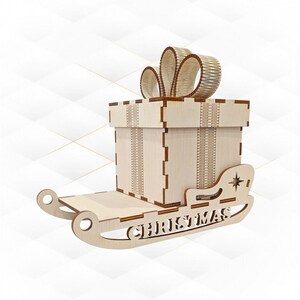 Caja de regalo navideña con lazo, trineo navideño, diseño cortado por láser. Patrón cortado por láser, caja navideña, artesanía navideña. Regalo navideño, cajas de regalo, SVG.