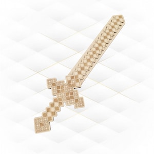 May include: A wooden toy sword with a pixelated design. The sword features a light brown color with a detailed pattern on the blade and handle. The design is reminiscent of a video game aesthetic.