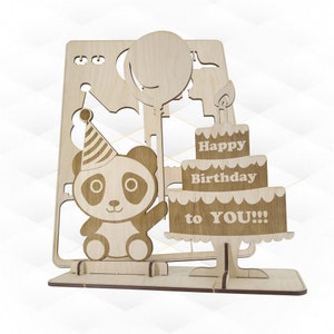 Cartões de aniversário, design de panda, modelo de corte a laser. Padrão de corte a laser, cartão-presente, arquivos svg dxf. Decoração de feriado, modelo de corte.