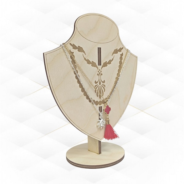 Display for necklace with pattern, laser cut design. Laser cutting file, svg dxf template for laser machines.