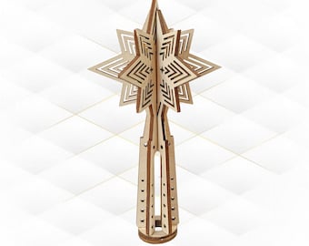 Diseño de estrella para la punta del árbol de Navidad cortado con láser, plantilla de corte, patrón navideño SVG DXF