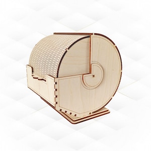 May include: A wooden coaster holder with a unique design. The holder is made of light-colored wood and features a curved top with a patterned design. The holder has a circular side and a rectangular base.