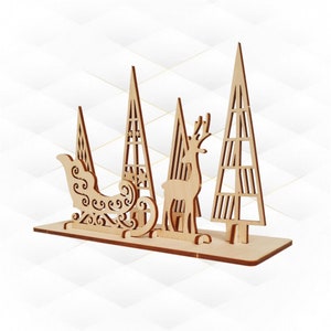 Geschenk Weihnachtskarte, Tannenbaum, Rehschlitten, Lasercut Design. Laserprojekt, Laserschnittmodell, Grußkarten für Weihnachten. Vektor Vorlage