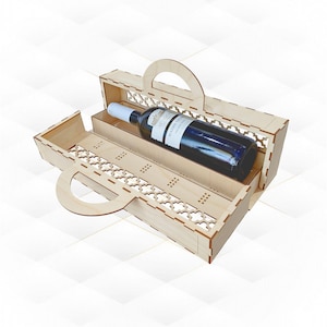 May include: A wooden wine bottle carrier with a handle and decorative cutouts. The carrier holds a dark glass wine bottle with a white label. The carrier is made of light-colored wood and has a hinged lid.