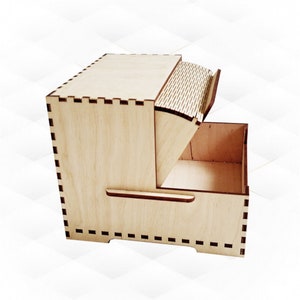 May include: A wooden box with a sliding drawer and a hinged lid. The box is made of light wood and has a natural finish. The drawer and lid are both decorated with a simple, geometric pattern.