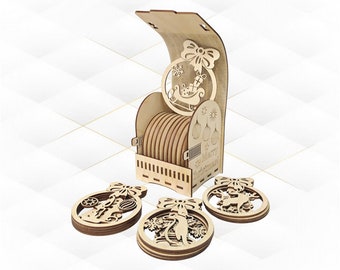 Gift Set Christmas Tree decor in box, laser cutting design. Laser cut pattern, svg dxf file, xmas template. Christmas decorations, cut model