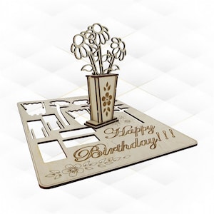 Verjaardagskaart bloemen, svg dxf-bestanden, ontwerp lasergesneden. Lasersnijpatroon, verjaardagscadeau en decor. Cadeau voor haar, groetontwerp.