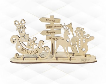 Diseño SVG DXF de tarjeta navideña cortada con láser, plantilla de trineo navideño, modelo de corte vectorial