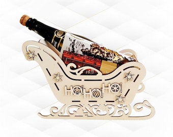 Traîneau de Noël, porte-bouteille de vin cadeau, motif découpé au laser. Modèle svg Glowforge.