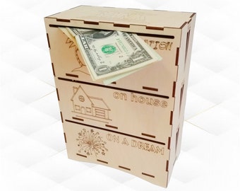 Diseño de caja de efectivo cortado con láser, plantilla vectorial SVG DXF de alcancía, proyecto de almacenamiento de dinero