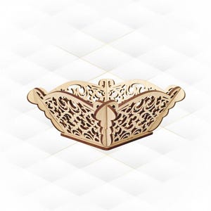 May include: A wooden decorative bowl with a delicate, intricate, cutout design. The bowl is light brown and has a square base.