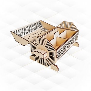 May include: A wooden box with a geometric design and a hinged lid. The box has a compartment inside for storing small items.