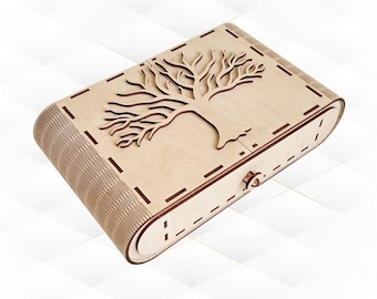 May include: A wooden box with a tree design carved into the lid. The box has a hinged lid and a small latch.