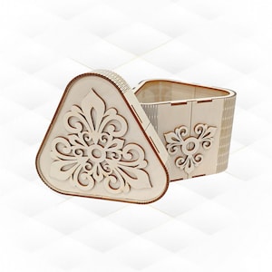 May include: A wooden triangular box with a decorative floral design on the lid. The box is open, revealing the interior.