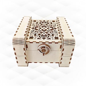 May include: A light-colored wooden box with intricate laser-cut floral patterns on the lid. The box features a circular lock and is constructed with precise joinery. The design includes decorative side panels, creating a detailed and elegant storage solution.