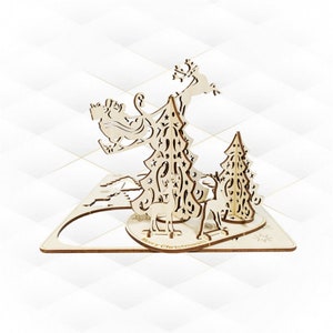 Biglietti regalo di Natale, design tagliato al laser, modello svg dxf. Biglietto di auguri di Natale, motivo natalizio, modello tagliato al laser. Progetto Babbo Natale con cervo.