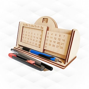 Calendar perpetual for table, laser cut design, svg dxf files. Gift desktop calendar, vector template, greeting laser cutting pattern.