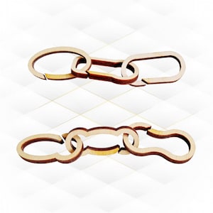 Könnte beinhalten: Zwei Holzkettenglieder, jedes mit einer einzigartigen Form, sind ineinander verschlungen. Die Glieder sind aus hellbraunem Holz gefertigt und haben eine glatte, polierte Oberfläche.