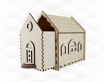 Puede incluir: Una caja de juguetes de madera con forma de casa con un techo abatible y un patrón decorativo en el techo. La casa tiene una puerta y ventanas.