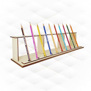 May include: A wooden pencil holder with 10 slots for pencils. The holder is made of light wood and has a natural finish. The pencils are all different colors, including red, orange, yellow, green, blue, purple, pink, and brown.