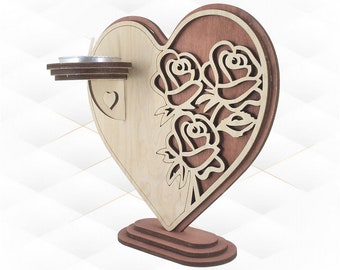 Gift Candle Holder Heart Rose Laser Cut Template, SVG DXF Laser Cutting Design