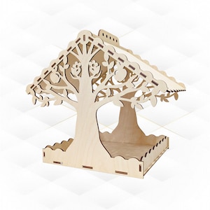 May include: A wooden bird feeder shaped like a tree with a roof. The feeder has a square base and a cutout design of leaves and apples.