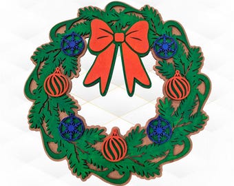 Christmas Wreath Laser Cut Design, SVG DXF Multilayer Template, Cutting Model