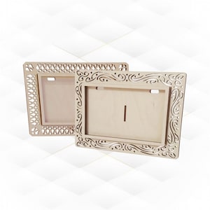 Cornice per foto 2, modello tagliato al laser, decorazione di auguri. Disegno di taglio, modello vettoriale, portafoto, cornice per foto, portafoto da tavolo