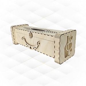 May include: A wooden tissue box with a hinged lid and a decorative handle. The box has a cutout design on the top and a wine bottle and grapes design on the side.