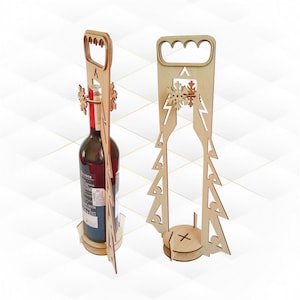 Caixa de vinho de Natal, modelo cutl para máquinas a laser, arquivos svg dxf. Design recortado, padrão de árvore de Natal, porta-garrafas, decoração festiva.
