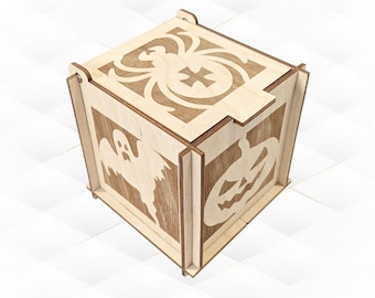 Plantilla de corte láser para caja de regalo de Halloween, diseño vectorial SVG DXF con patrón de araña de calabaza.