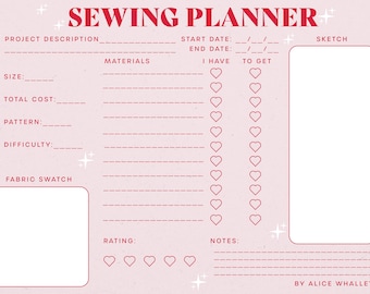 Lindo planificador de costura imprimible en rosa y rojo femenino / Diario de costura descargable / Haga su propia descarga digital