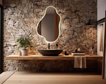 irregular bathroom mirror - backlit led illuminated mirror - asymmetric mirror - vanity mirror - unique mirror - makeup led mirror