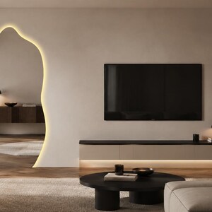 Asymmetrische LED-spiegel, organische moderne make-upspiegel voor aan de muur, op maat gemaakt afbeelding 9