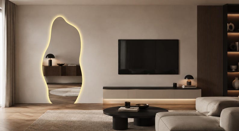 Asymmetrische LED-spiegel, organische moderne make-upspiegel voor aan de muur, op maat gemaakt afbeelding 9