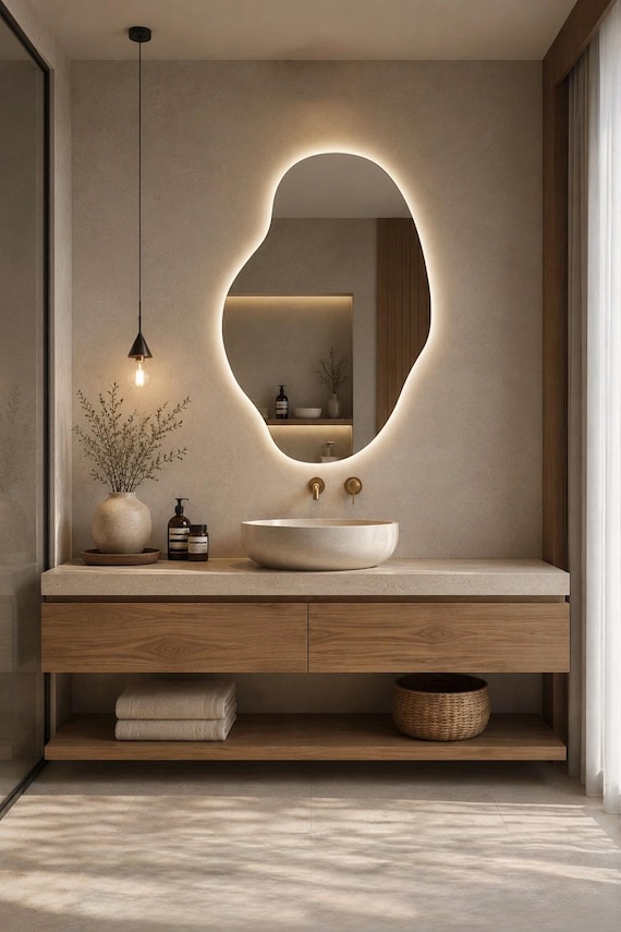Backlit Irregular Mirror: Modern LED Vanity Wall Decor (Warm White Light)