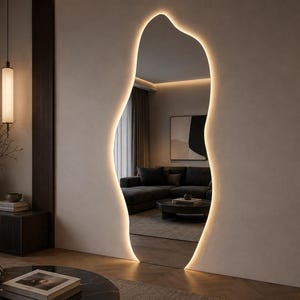 Asymmetrische LED-spiegel, organische moderne make-upspiegel voor aan de muur, op maat gemaakt afbeelding 6