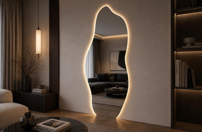 Asymmetrische LED-spiegel, organische moderne make-upspiegel voor aan de muur, op maat gemaakt afbeelding 6